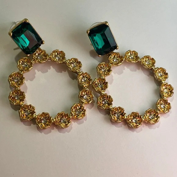 Oscar de La Renta Earrings emerald gold flowers floral Dangle drop hoops signed - Picture 3 of 14